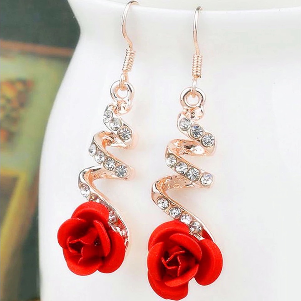 Rose Dangling Earrings With Crystals